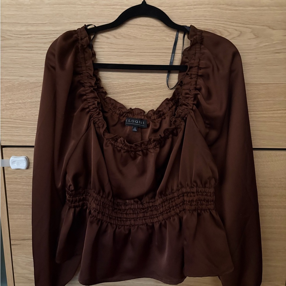 Eloquii Brown Ruffle Blouse